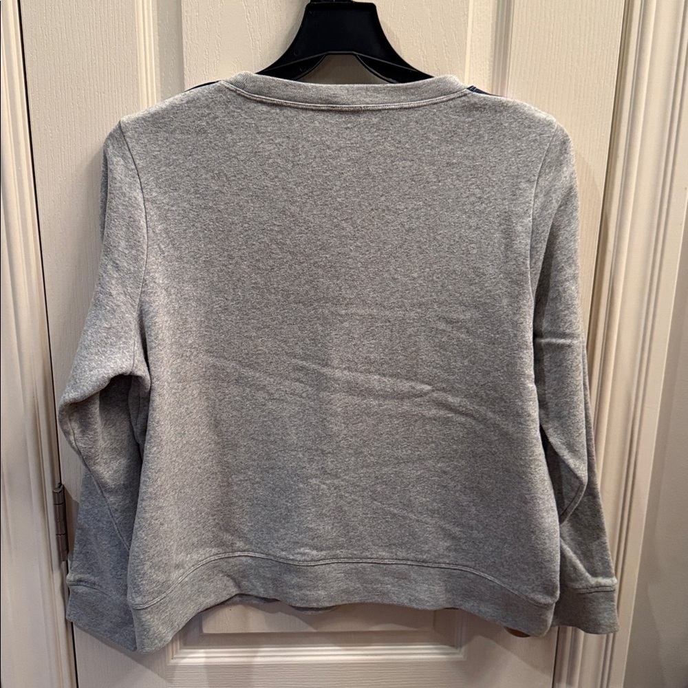 J. Crew gray pullover sweatshirt with navy, white, pink sleeves stripes. Size XL - Picture 4 of 4